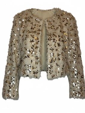 IDEM DITTO Sequined Faux Feather Crop Bolo Jacket - Champagne Gold NWT 🥂